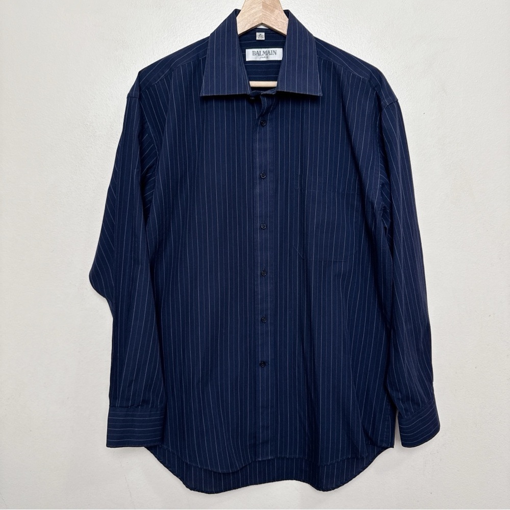 Balmain Paris Mens Medium 15.5 Pinstripe Navy Dress Shirt
